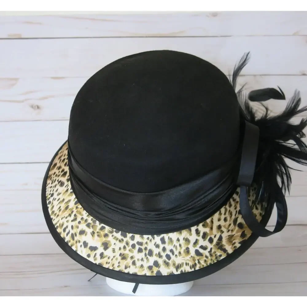 FINE MILLINERY Collection August Wool Hat  Feathers Black/Leopard Print Mob Wife